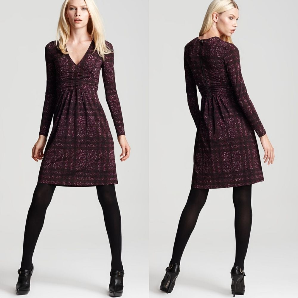 Burberry London Long Sleeve Plaid Jersey Dress in Purple